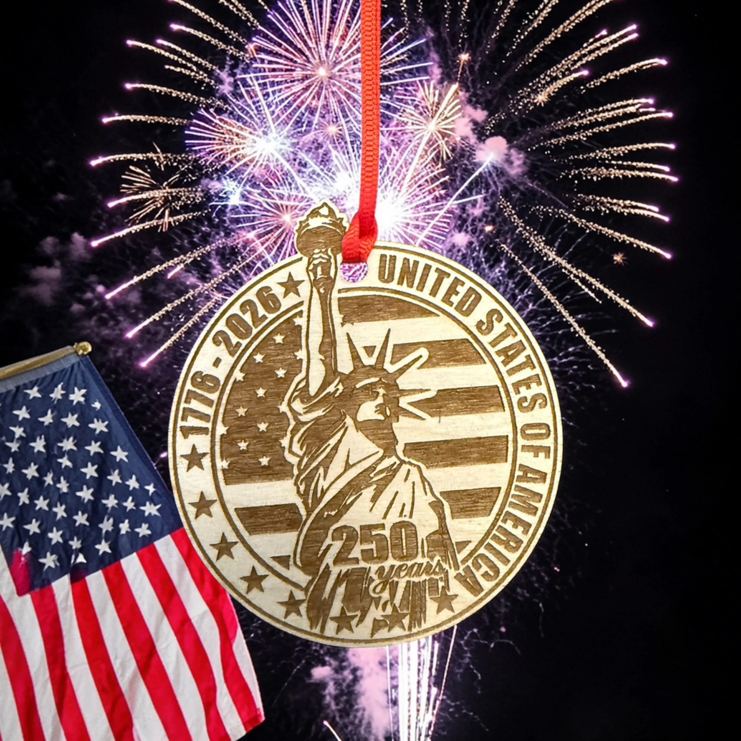 250 Anniversary United States Statue of Liberty Flag Single Layer 2026 Ornament