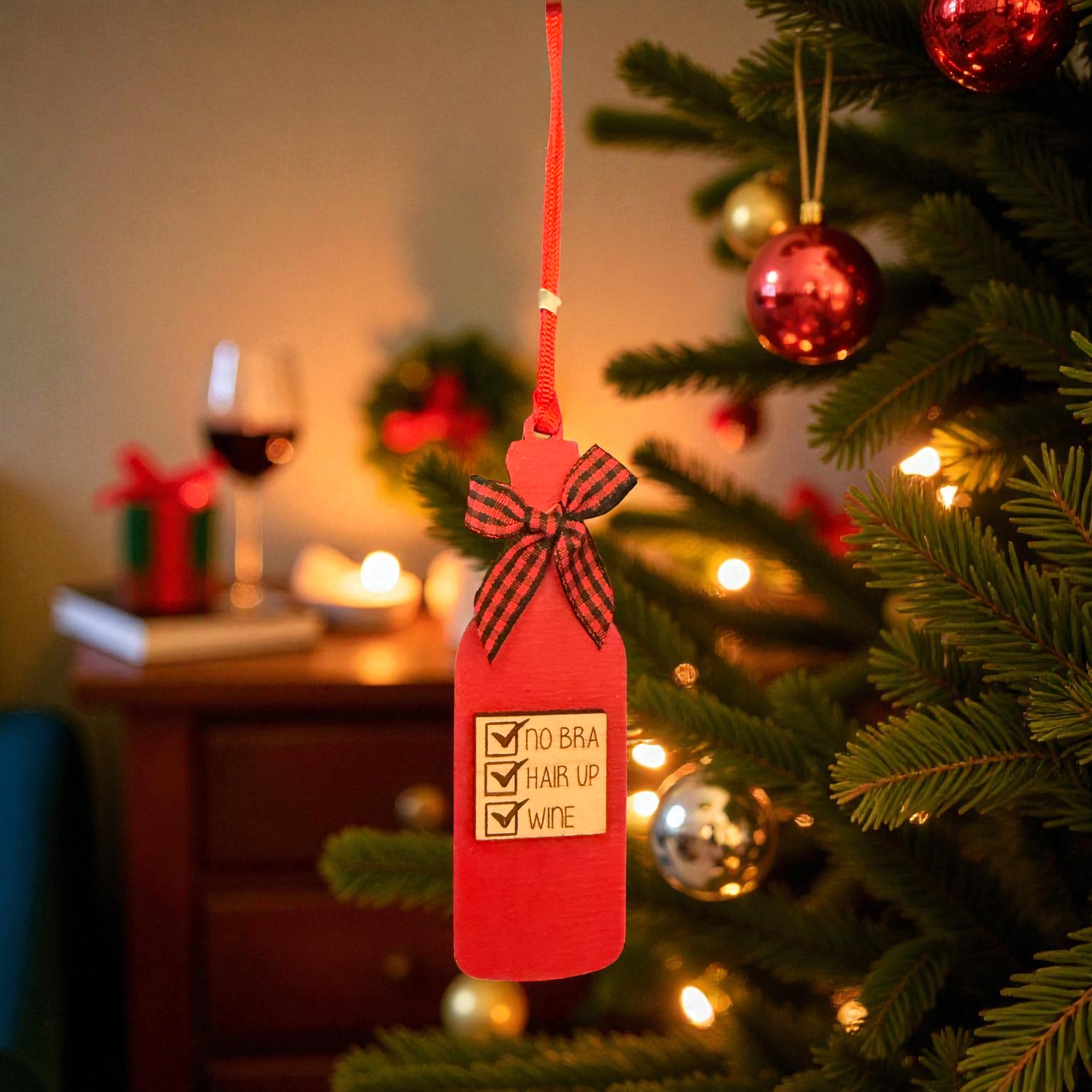 No Bra, Hair Up, Wine Bottle Ornament