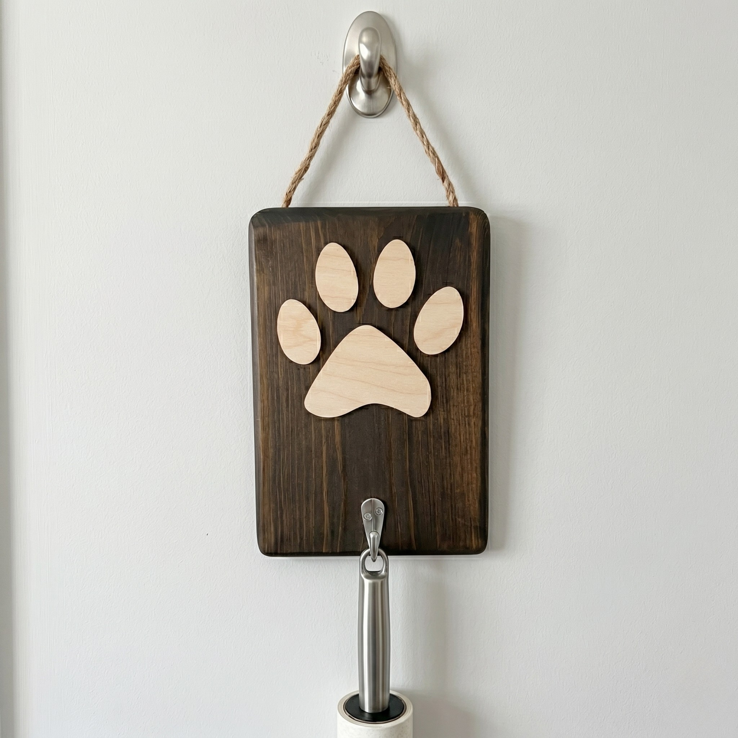 Wooden wall hook with a paw print design on a white background