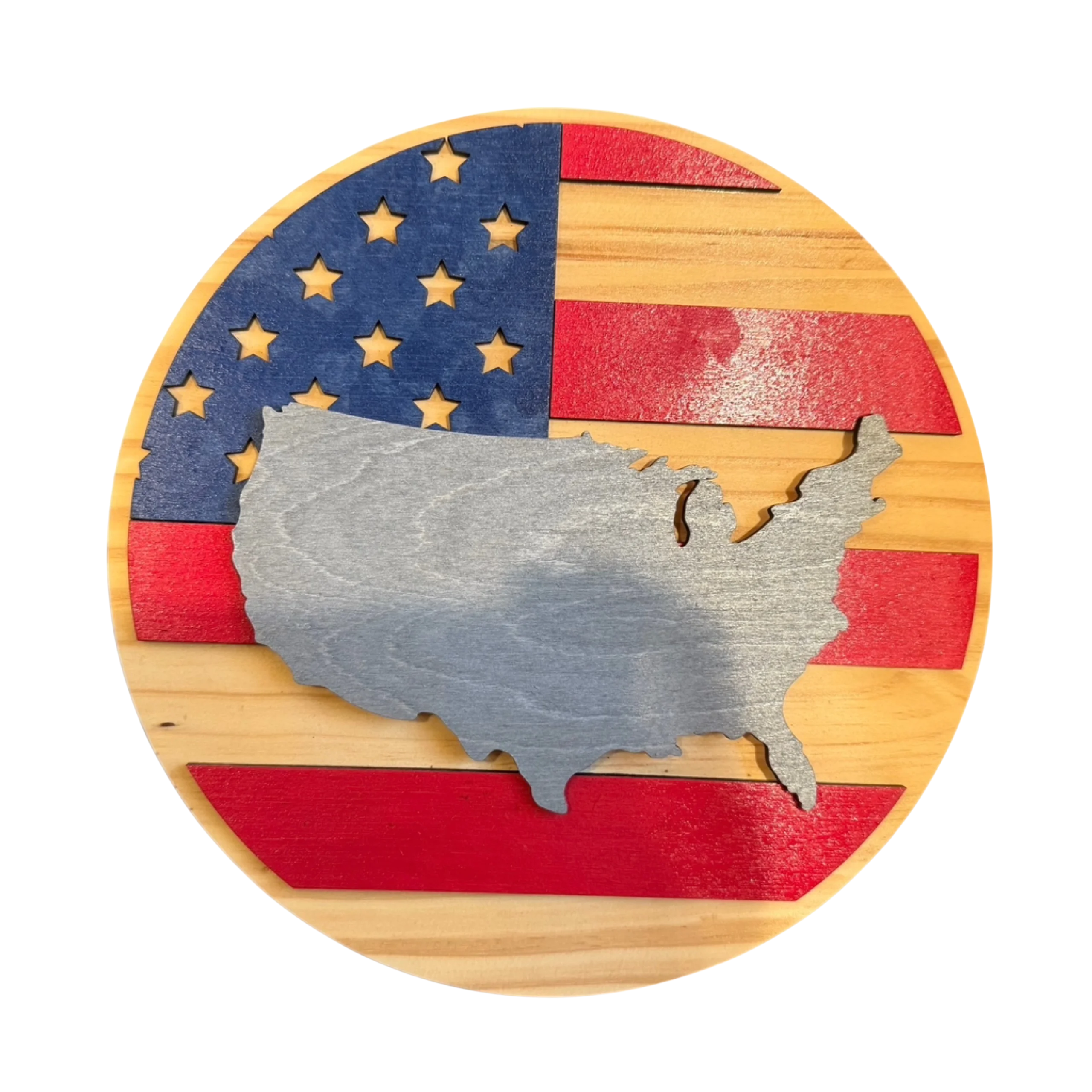 Patriotic Round Wooden USA Map Sign